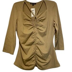 INC Women’s unique strap ruched three quarter sleeve peep NEW cotton top large